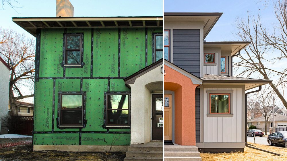 A split photo showing the house with Zip R-Sheathing on the left side, and the same house fully finished on the right side.